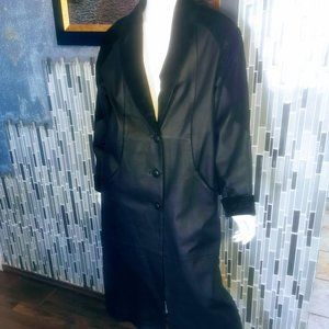 G-111 Vtg 80's Women's Sz Medium Black Genuine Leather Jacket Trench Long Coat